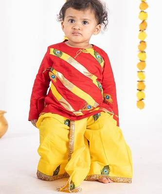 Red & yellow embroidered cotton dhoti kurta set 3