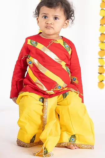 Red & yellow embroidered cotton dhoti kurta set