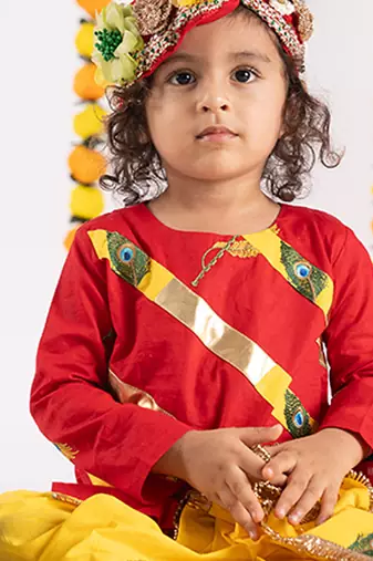 Red & yellow embroidered cotton dhoti kurta set
