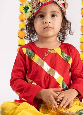 Red & yellow embroidered cotton dhoti kurta set 5