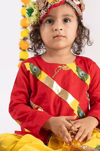 Red & yellow embroidered cotton dhoti kurta set