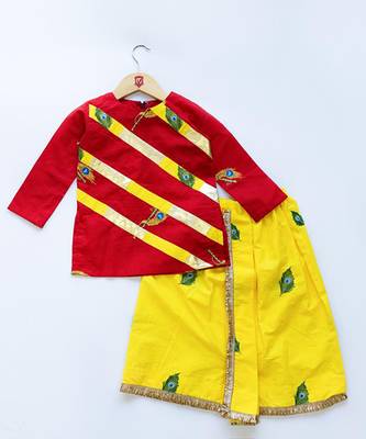 Red & yellow embroidered cotton dhoti kurta set 1