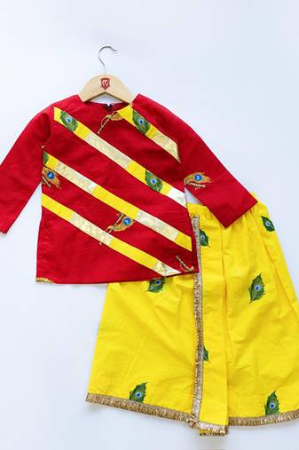 Red & yellow embroidered cotton dhoti kurta set