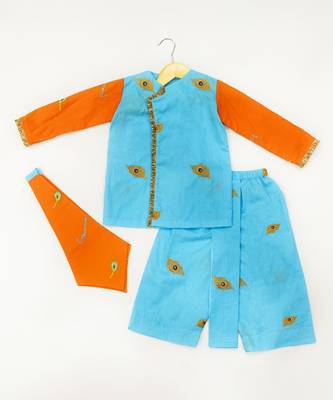 Blue & orange plain cotton dhoti kurta set 1