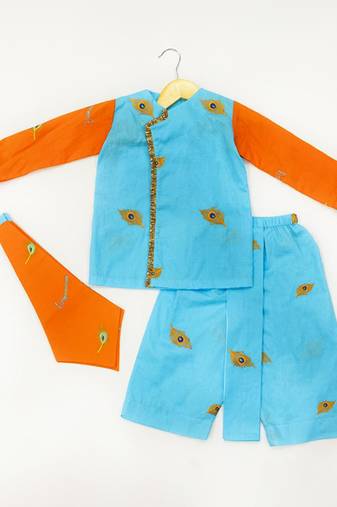 Blue & orange plain cotton dhoti kurta set