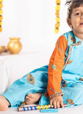 Blue & orange plain cotton dhoti kurta set 2