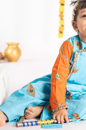 Blue & orange plain cotton dhoti kurta set