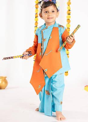 Blue & orange plain cotton dhoti kurta set 3