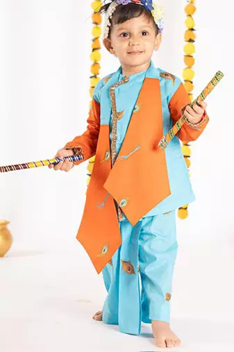 Blue & orange plain cotton dhoti kurta set