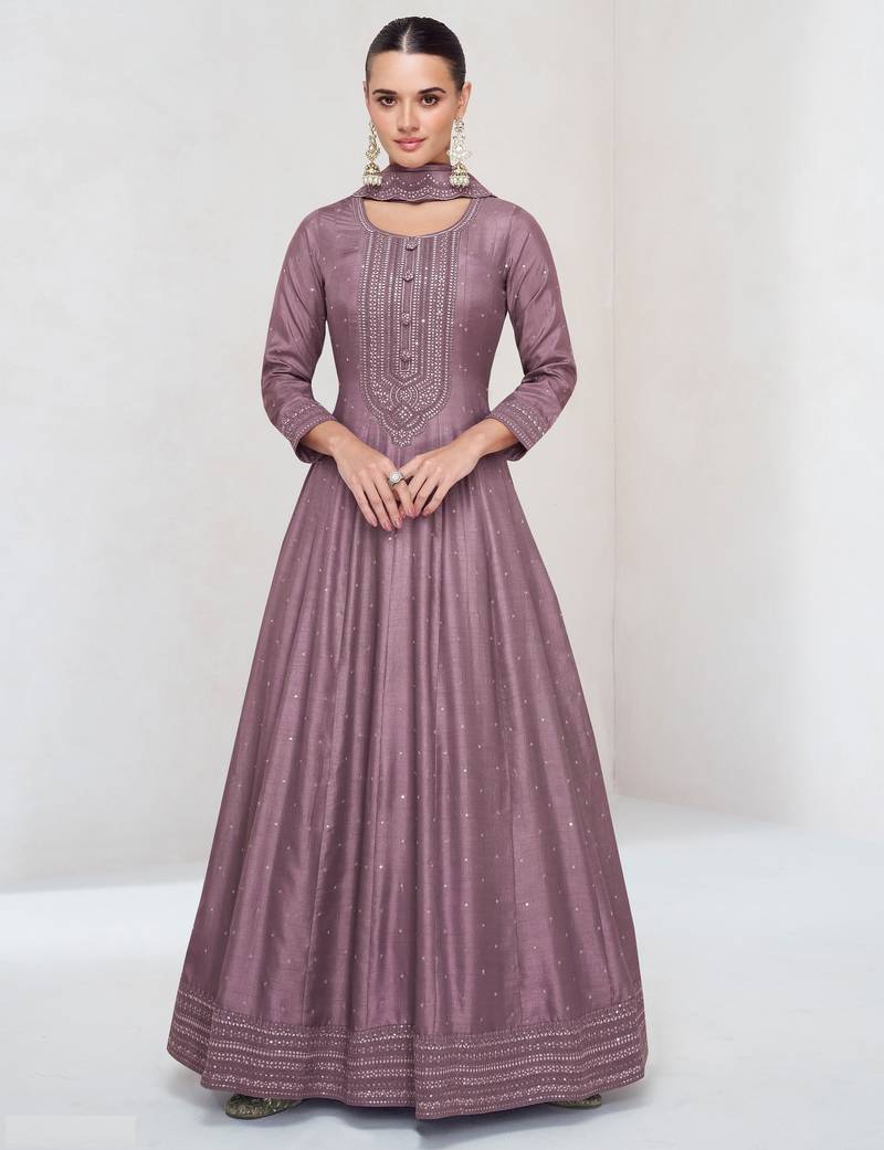 Mauve embroidered vichitra silk free size stitched anarkali salwar suit