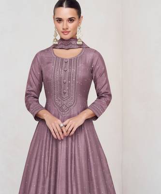 Mauve embroidered vichitra silk blend free size stitched anarkali salwar suit 2