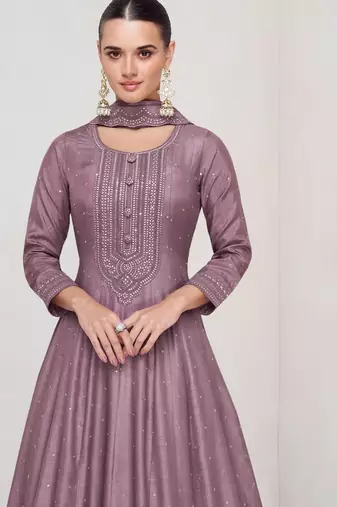 Mauve embroidered vichitra silk blend free size stitched anarkali salwar suit