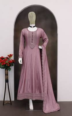 Mauve embroidered vichitra silk blend free size stitched anarkali salwar suit 3