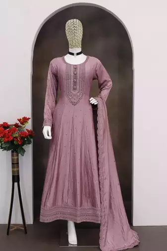 Mauve embroidered vichitra silk blend free size stitched anarkali salwar suit