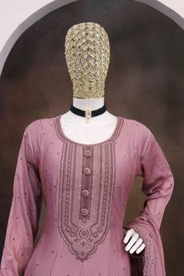 Mauve embroidered vichitra silk blend free size stitched anarkali salwar suit 4