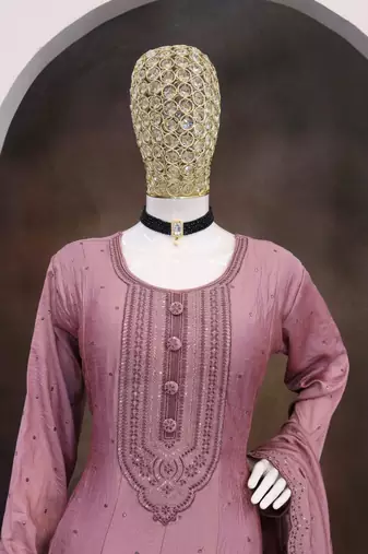 Mauve embroidered vichitra silk blend free size stitched anarkali salwar suit