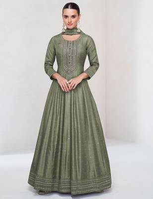 Green embroidered vichitra silk blend free size stitched anarkali salwar suit 1