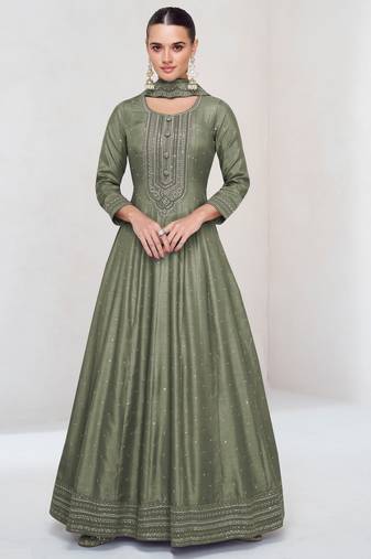Green embroidered vichitra silk free size stitched anarkali salwar suit