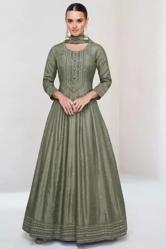 Green embroidered vichitra silk free size stitched anarkali salwar suit