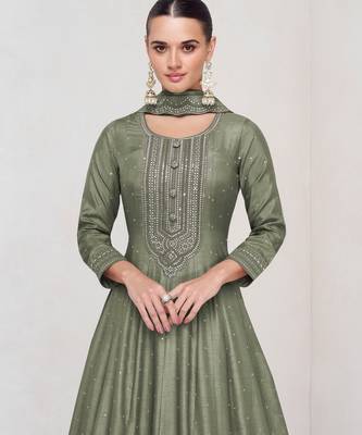 Green embroidered vichitra silk blend free size stitched anarkali salwar suit 2