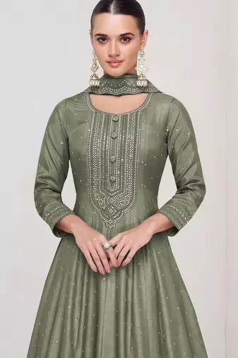 Green embroidered vichitra silk blend free size stitched anarkali salwar suit