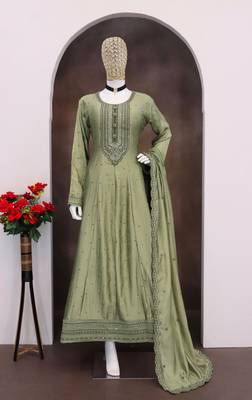 Green embroidered vichitra silk blend free size stitched anarkali salwar suit 3
