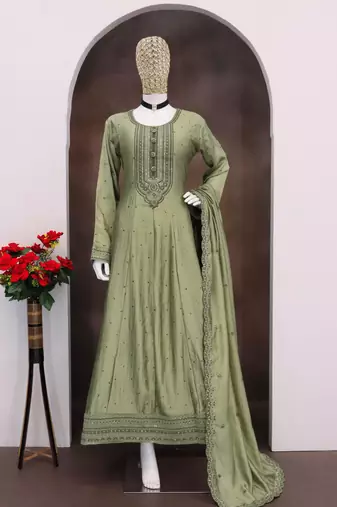 Green embroidered vichitra silk blend free size stitched anarkali salwar suit
