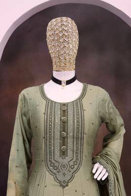 Green embroidered vichitra silk blend free size stitched anarkali salwar suit 4