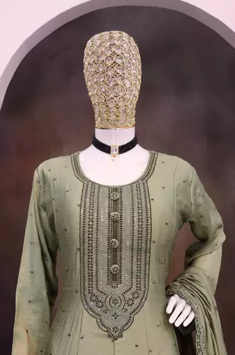 Green embroidered vichitra silk blend free size stitched anarkali salwar suit