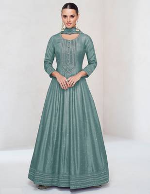 Sky embroidered vichitra silk blend free size stitched anarkali salwar suit 1
