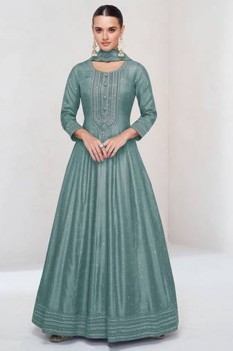 Sky embroidered vichitra silk free size stitched anarkali salwar suit