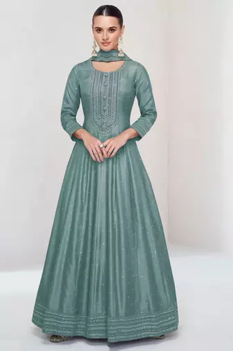 Sky embroidered vichitra silk free size stitched anarkali salwar suit