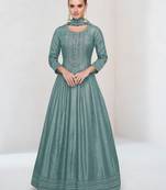 Sky embroidered vichitra silk free size stitched anarkali salwar suit
