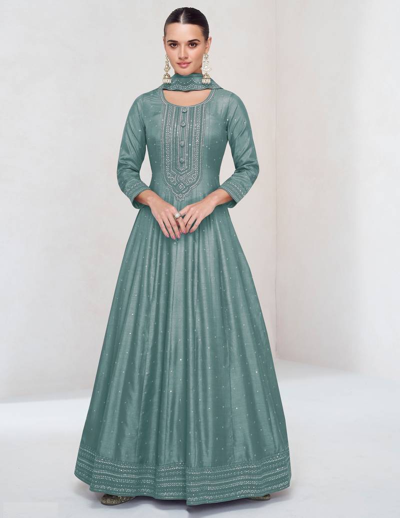 Sky embroidered vichitra silk free size stitched anarkali salwar suit
