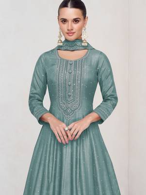 Sky embroidered vichitra silk blend free size stitched anarkali salwar suit 2