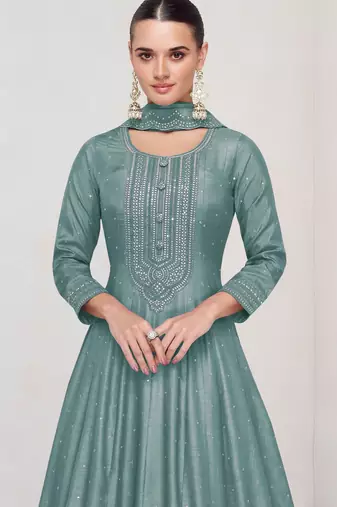 Sky embroidered vichitra silk blend free size stitched anarkali salwar suit