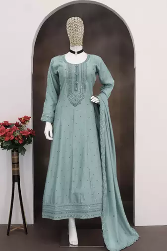 Sky embroidered vichitra silk blend free size stitched anarkali salwar suit