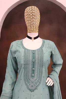 Sky embroidered vichitra silk blend free size stitched anarkali salwar suit 4