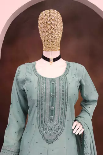 Sky embroidered vichitra silk blend free size stitched anarkali salwar suit