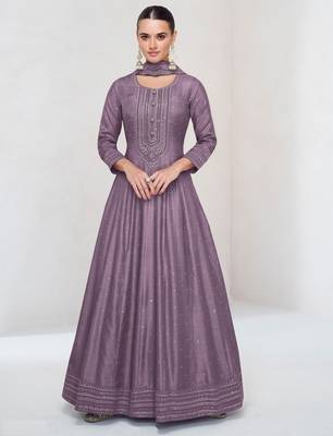 Purple embroidered vichitra silk blend free size stitched anarkali salwar suit 1