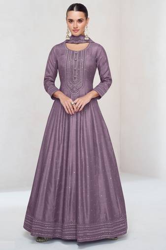 Purple embroidered vichitra silk free size stitched anarkali salwar suit