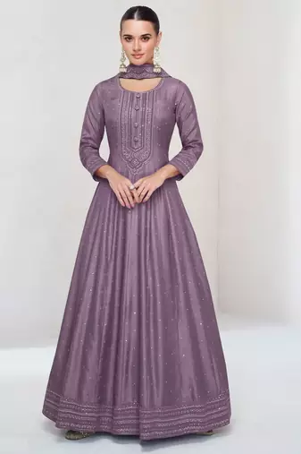 Purple embroidered vichitra silk free size stitched anarkali salwar suit