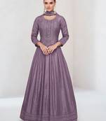 Purple embroidered vichitra silk free size stitched anarkali salwar suit