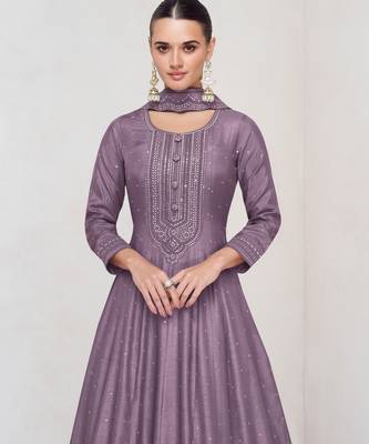 Purple embroidered vichitra silk blend free size stitched anarkali salwar suit 2