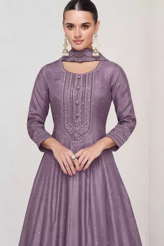 Purple embroidered vichitra silk blend free size stitched anarkali salwar suit