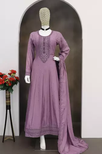 Purple embroidered vichitra silk blend free size stitched anarkali salwar suit