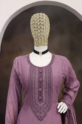Purple embroidered vichitra silk blend free size stitched anarkali salwar suit 4