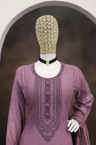 Purple embroidered vichitra silk blend free size stitched anarkali salwar suit