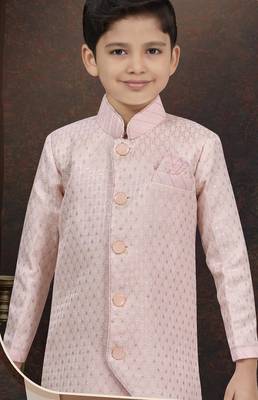 Pink kasak zari jackard sherwani with silk dupion pajama for kids 2