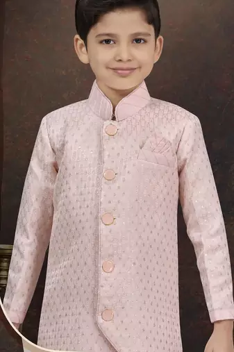 Pink kasak zari jackard sherwani with silk dupion pajama for kids